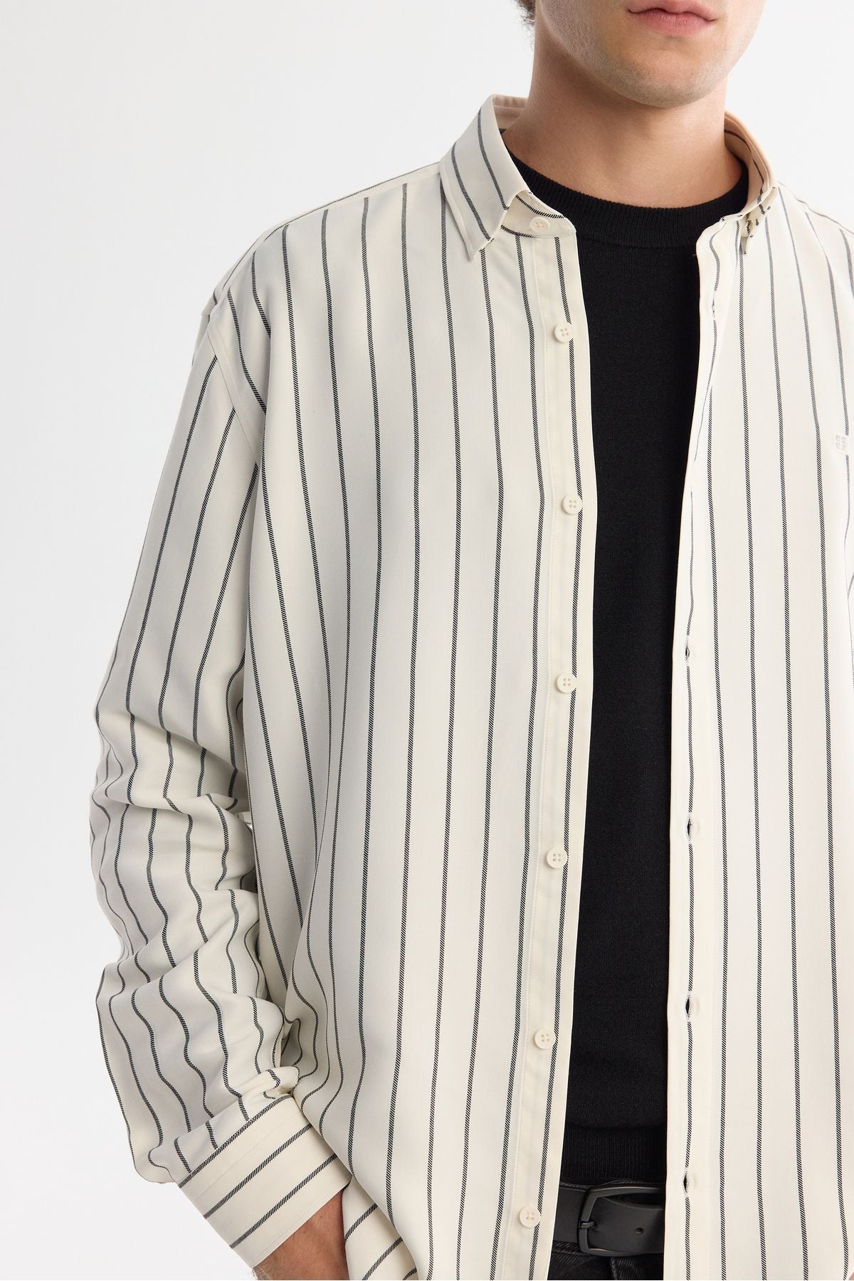 Male White British collar striped rayon shirt A42Y2051