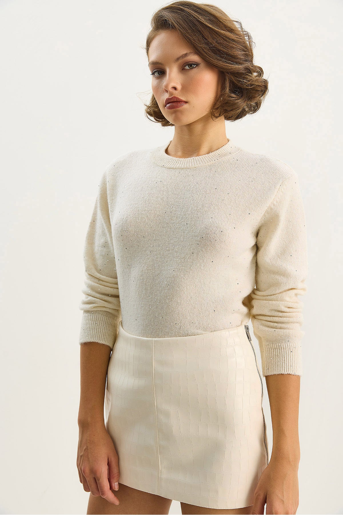 Women's Crew Neck Sequin Detailed Gilded Knitwear Sweater 4946 60283585