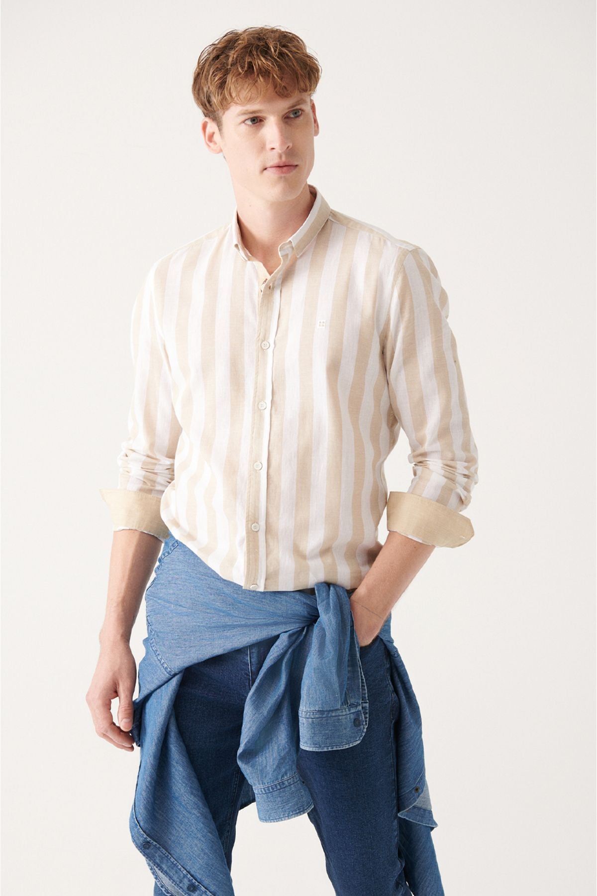 Men's beige cotton linen striped shirt A31y2217