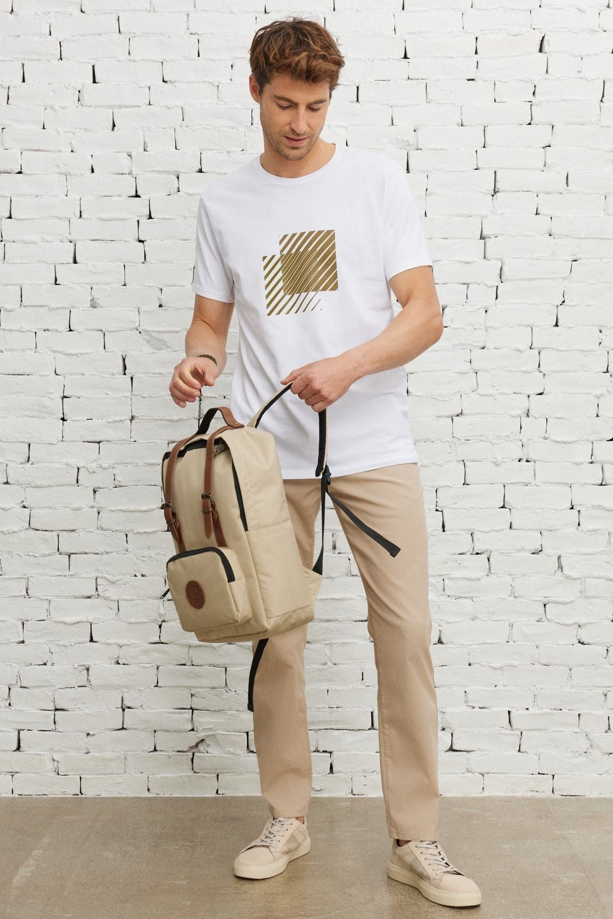 Men's beige comfort fit comfortable cutting side pocket cotton patterned flexible pants