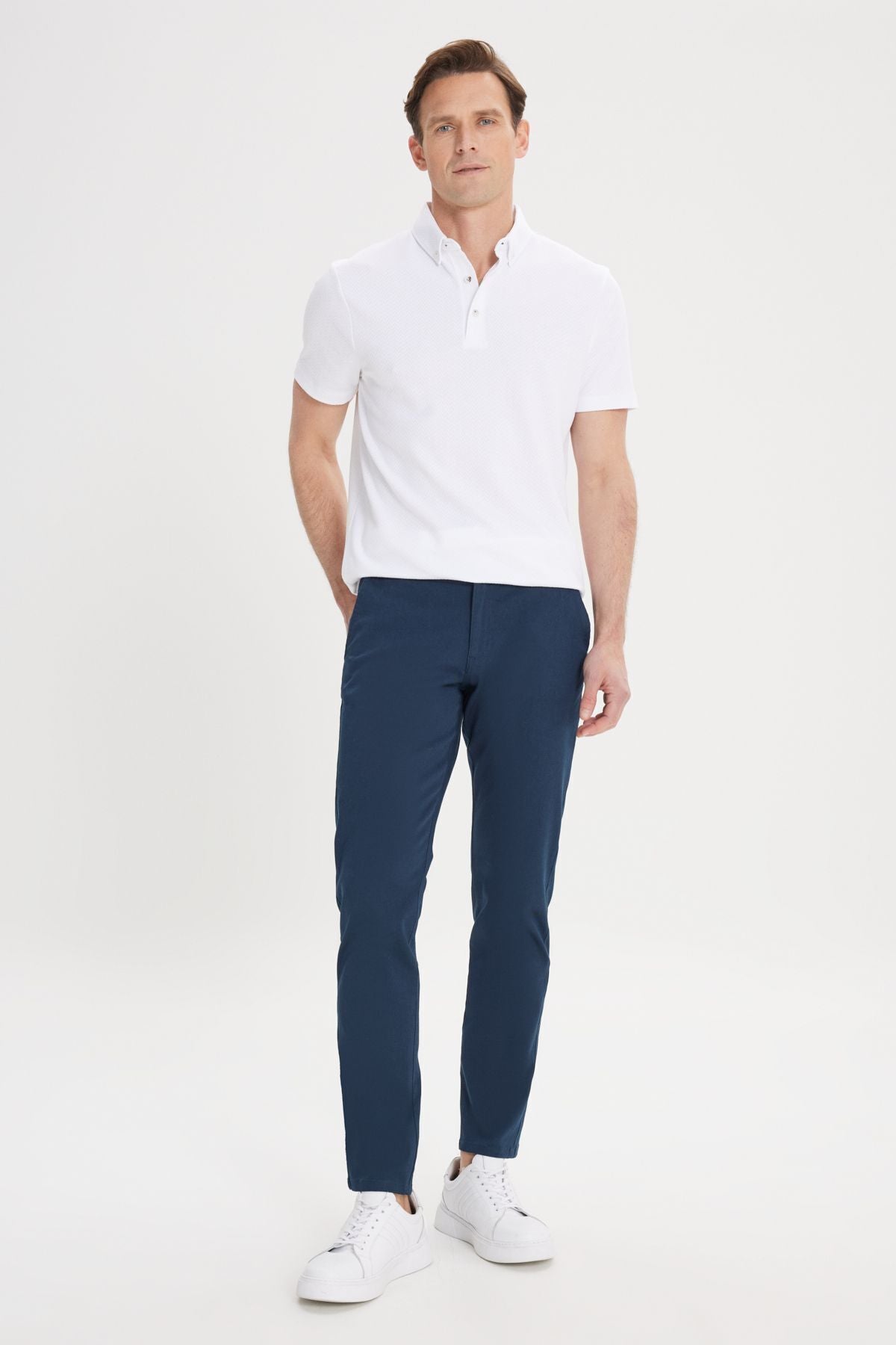 Men's navy blue canvas slim fit narrow cut side pocket flexible chino pants