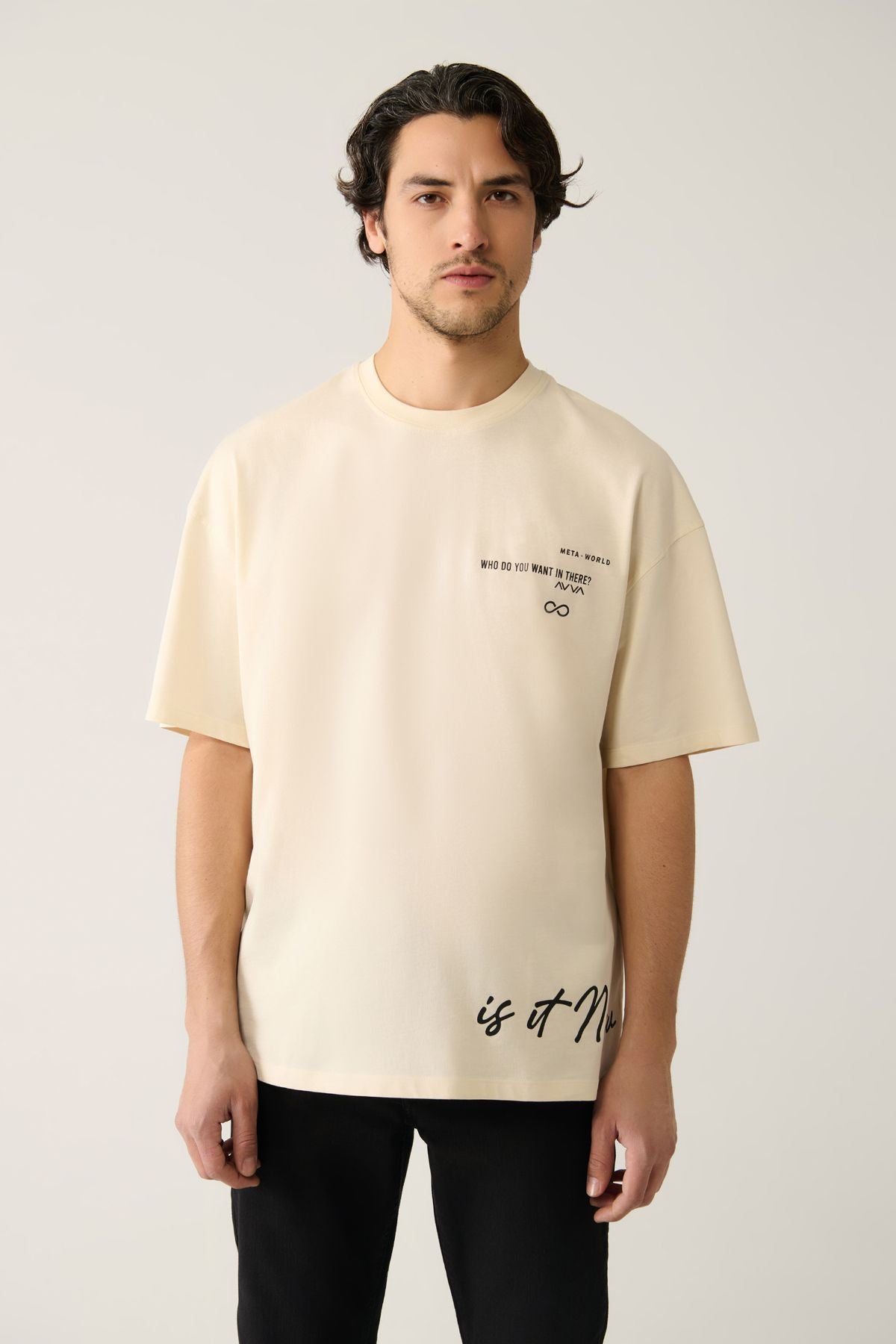 Men's Beige 100 %Cotton Bicycle Collar Printed Cotton T-shirt A41y1355