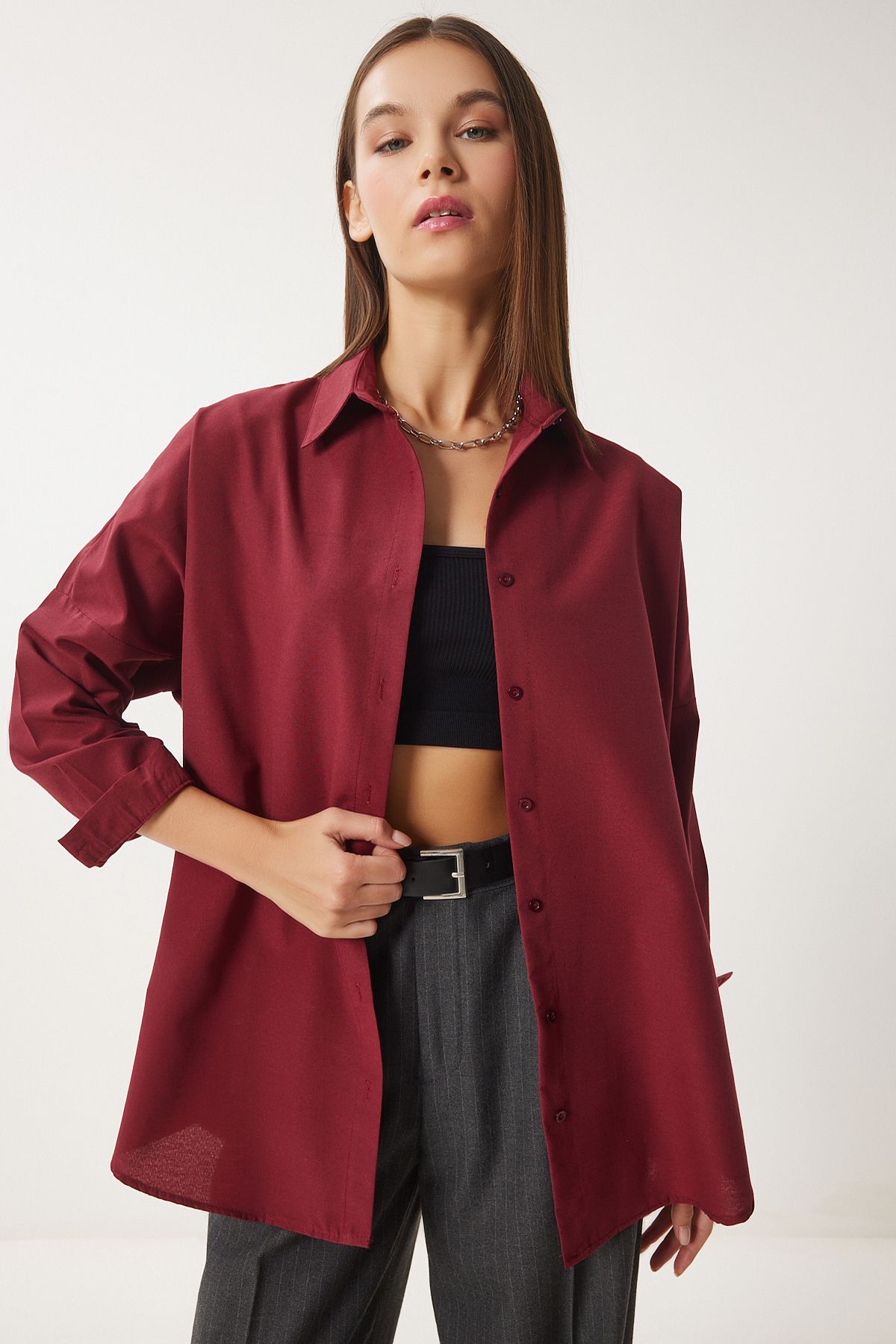 Woman Bordeaux Oversize Long Basic Shirt DD00842