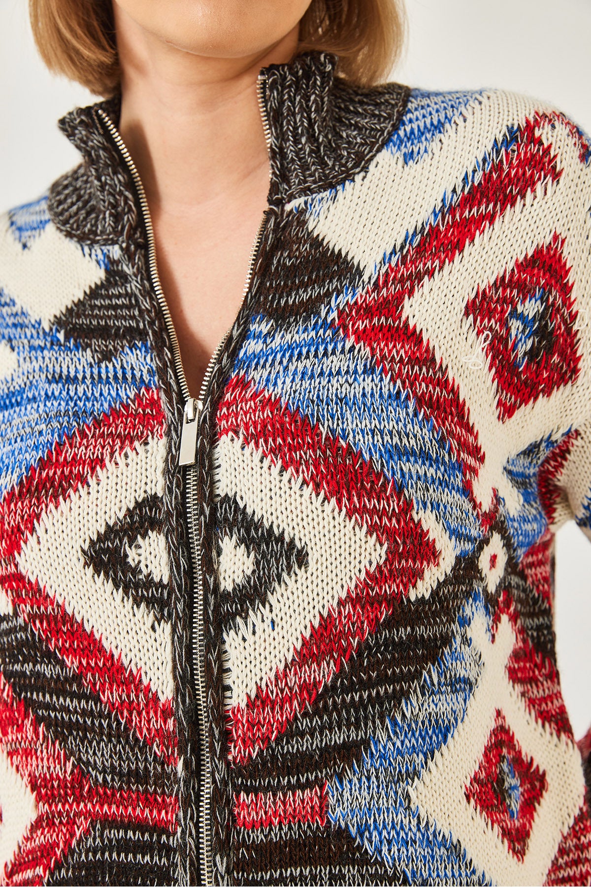 Women's Zippered Patterned Knitwear Cardigan 20246951