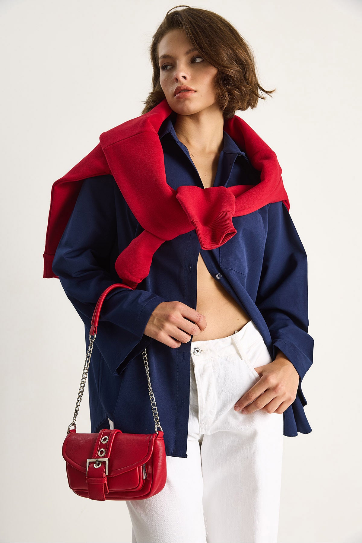 Women's Wide Sleeve Single Pocket Detailed Oversize Basic Poplin Shirt 2144 60284103