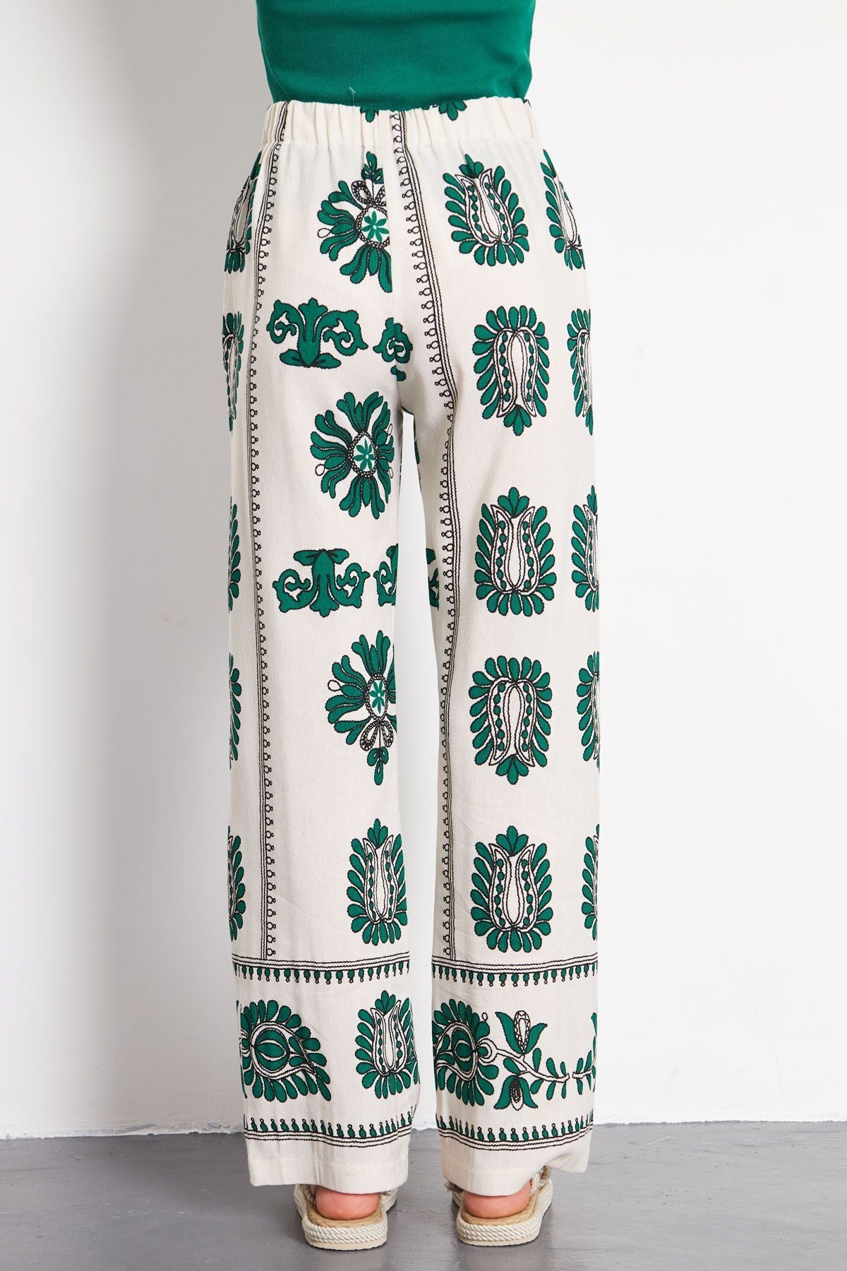 PALAZZO Pants with Patterned Patterned Patterned Emerald Linen-Look