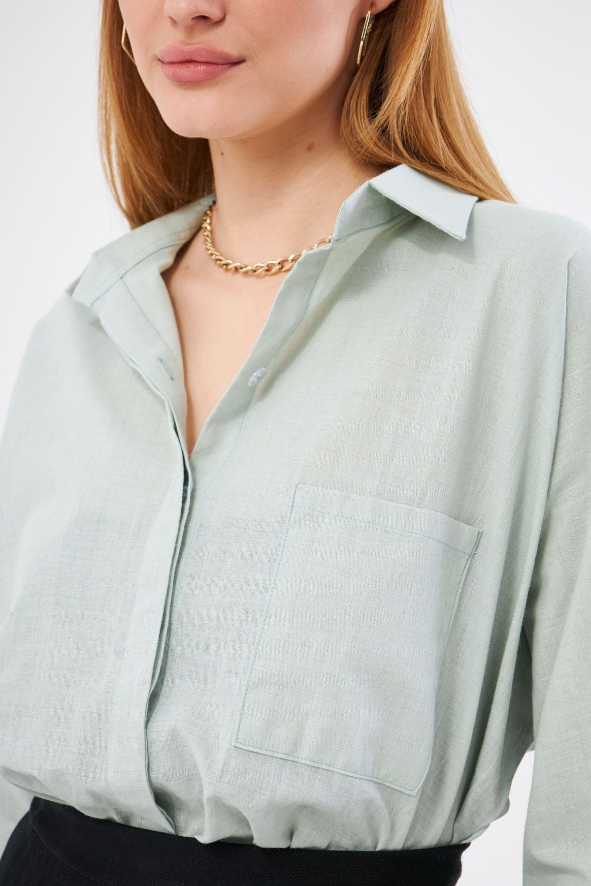 WOMEN OPEN MINT POCKET POET SET Linen Shirt ARM-21Y001035