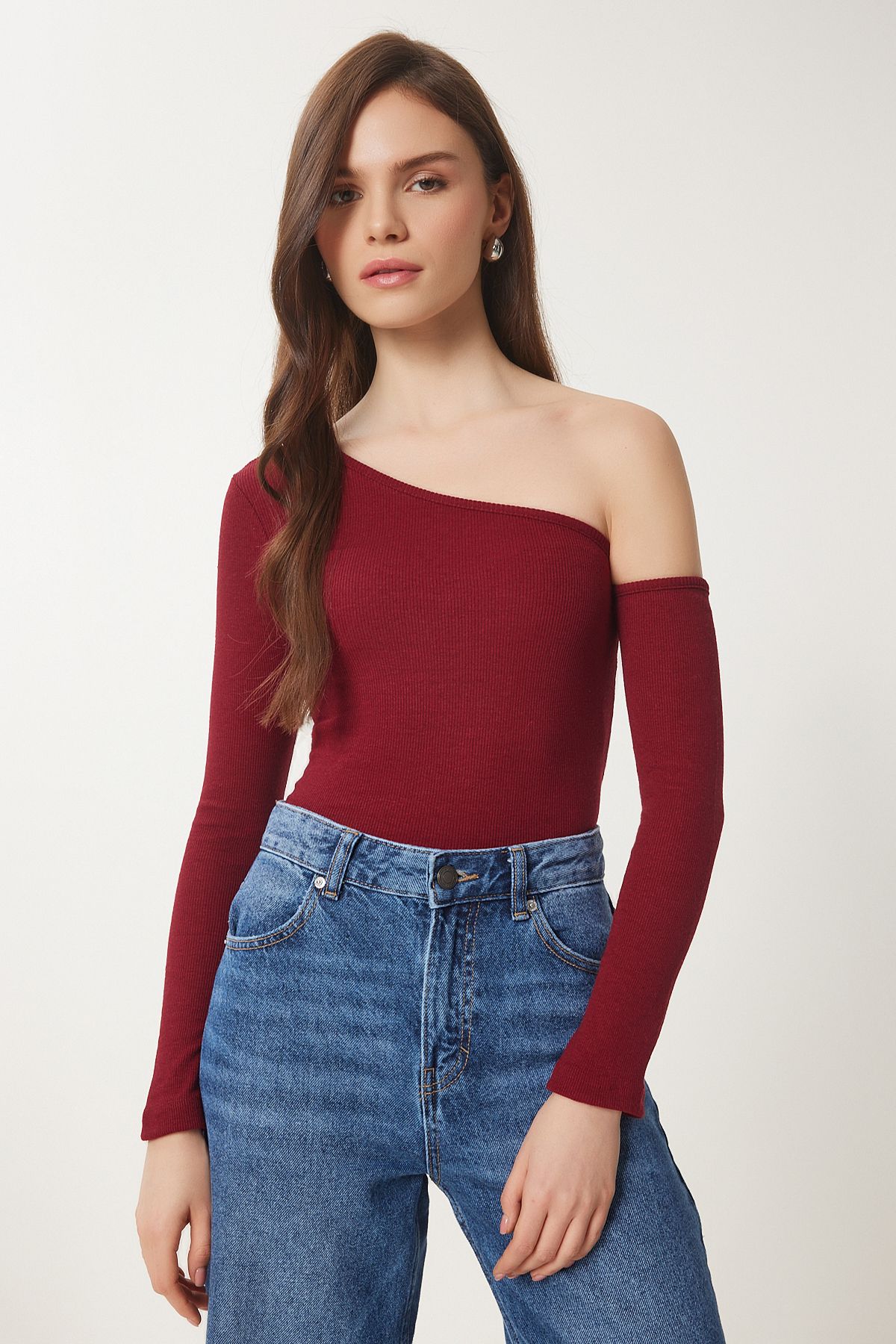 Woman Bordeaux Open Shoulder Wedding Blouse TG00011