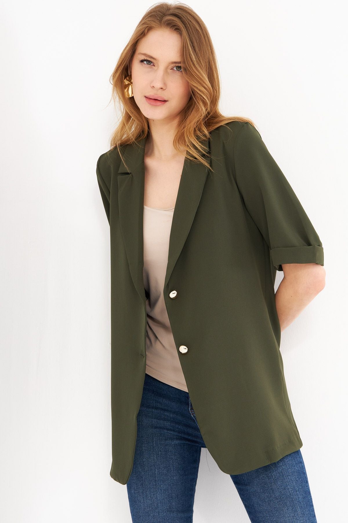 Woman Khaki Short Arm two buttoned oversize jacket ARM-23Y001034