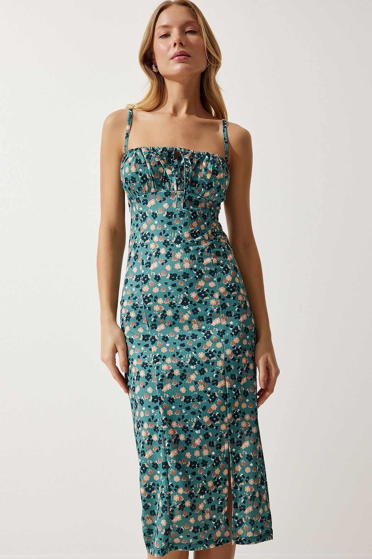 Women's oil green floral slit knitted dress CI00029