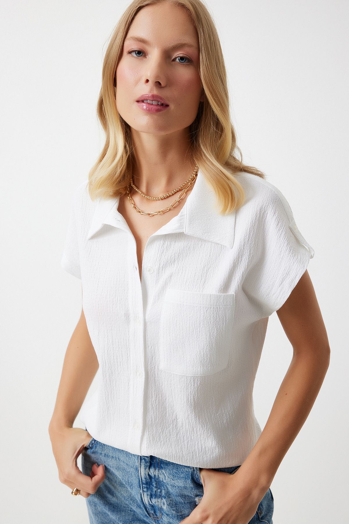 Female Ecru Pocket Casual Knitting Shirt DD01325