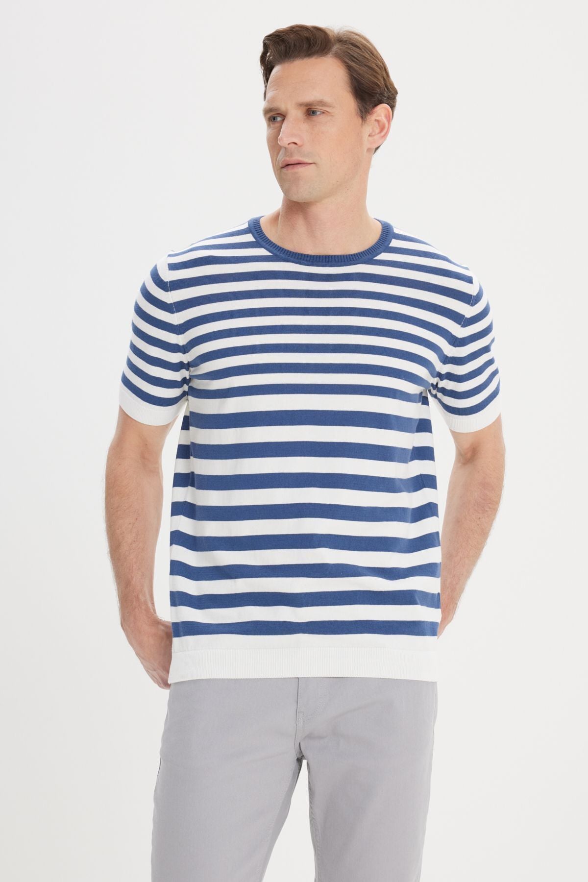 Men's Navy-White Slim Fit Narn Cut 100 %Cotton Striped Bicycle Yaka Triko T-shirt