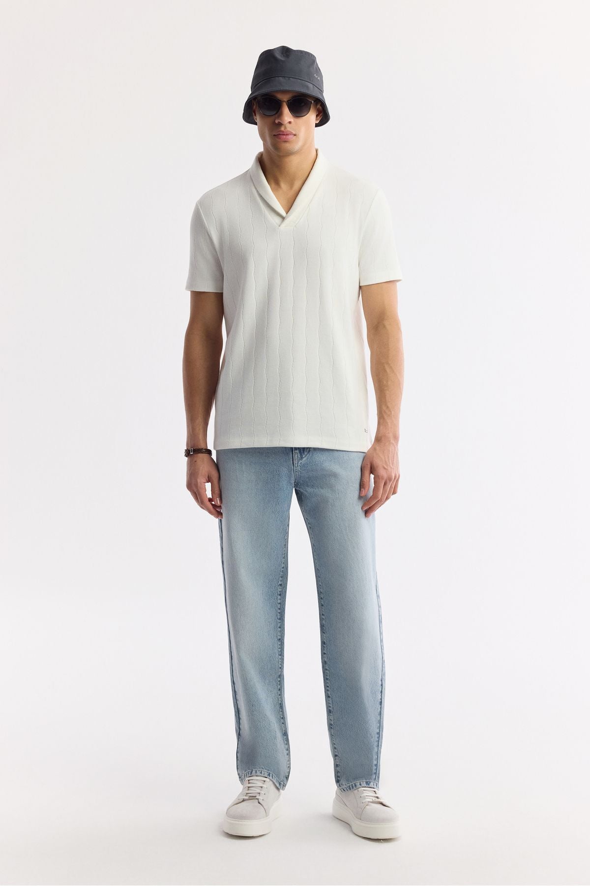 Men's Ecru Shawl Yaka striped jacquard t-shirt A51y1071