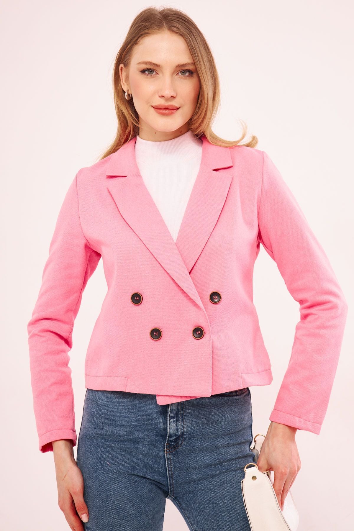 Woman Pink Cruve Yaka Gabardin Crop Jacket ARM-24Y001010