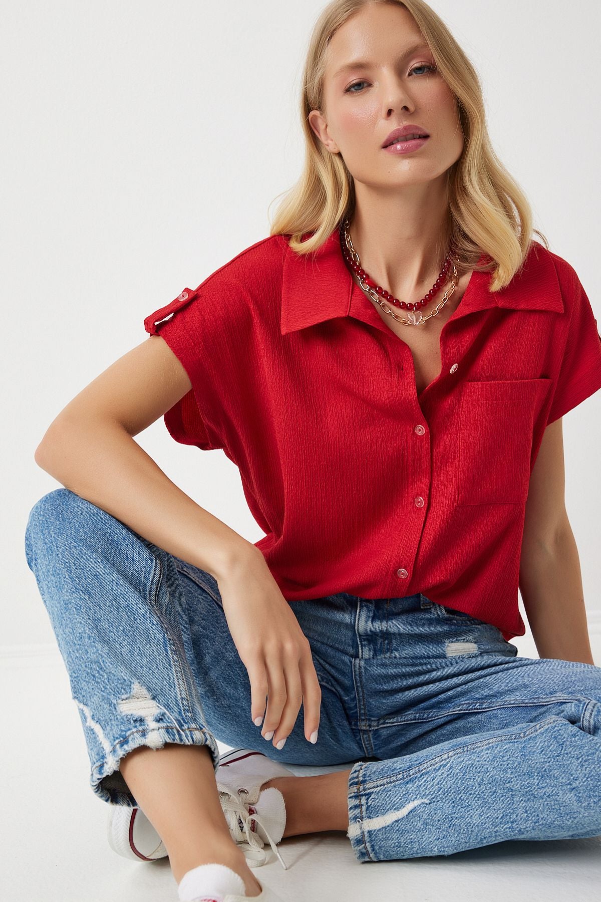 Female Red Pocket Casual Knitting Shirt DD01325