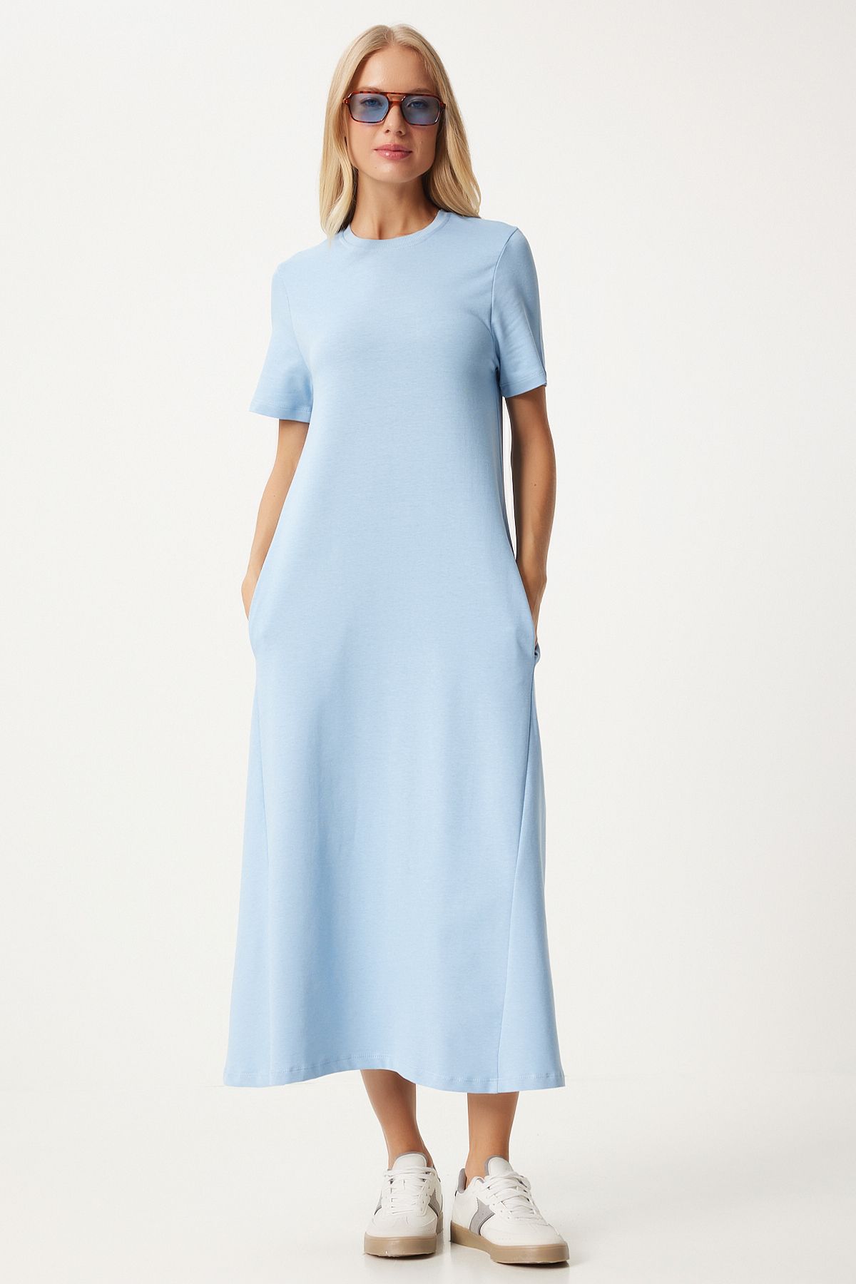 Woman sky blue A cut summer combed dress ub00060
