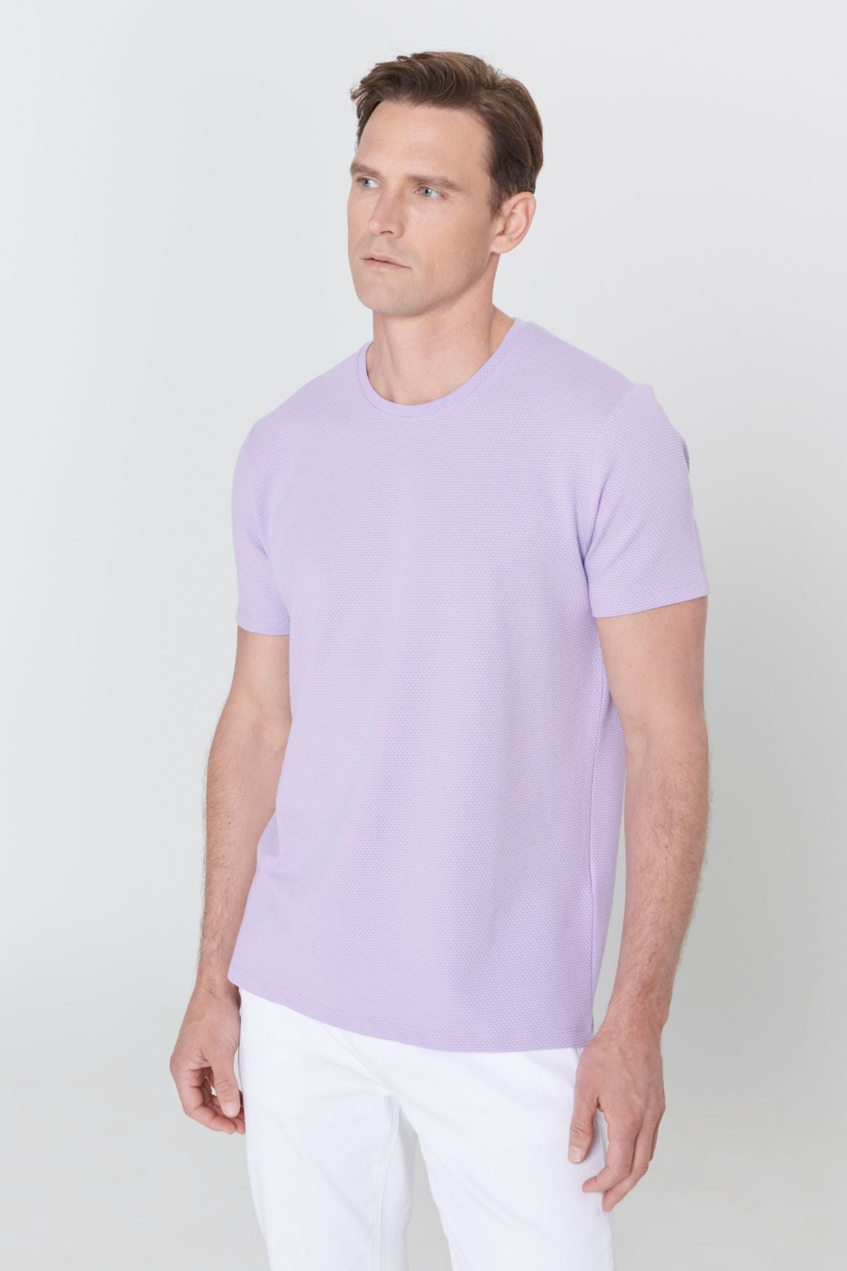 Men's lilac slim fit narrow cut modal bike collar soft button flexible basic t -shirt