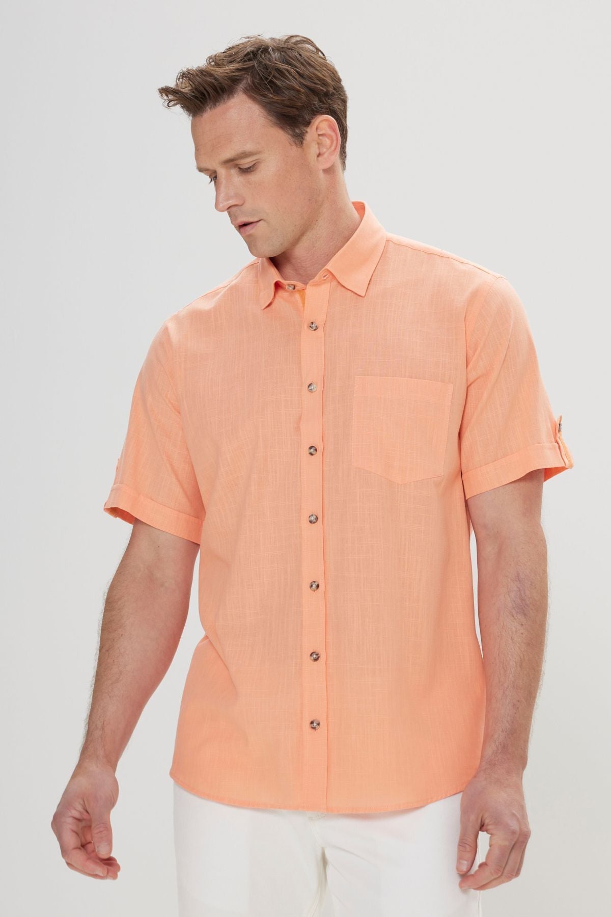 Men's Orange Comfort Fit Casual Cutting Buttoned Neck Linen Looking 100 %Cotton Short Sleeve Shirt