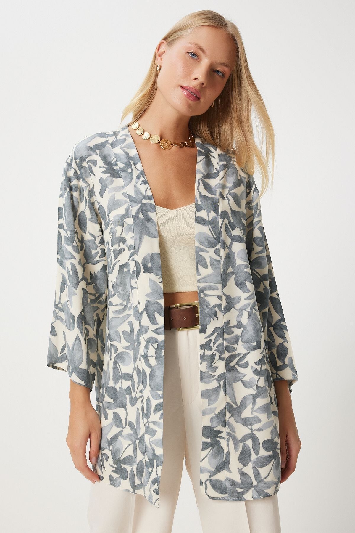 Female Gray Bone Patterned Viscose Kimono EN00615