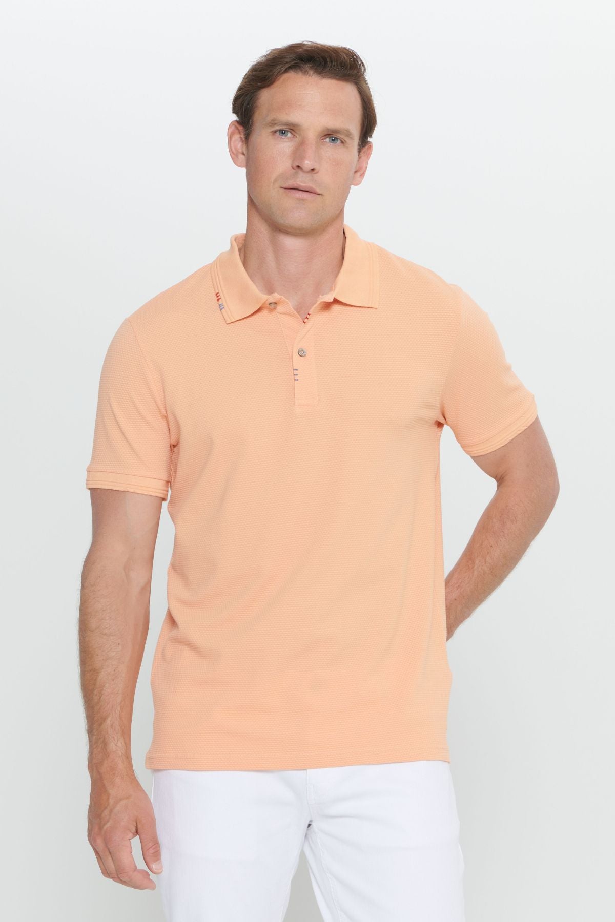 Men's open orange slim fit narrow cut polo collar printed cotton T -shirt