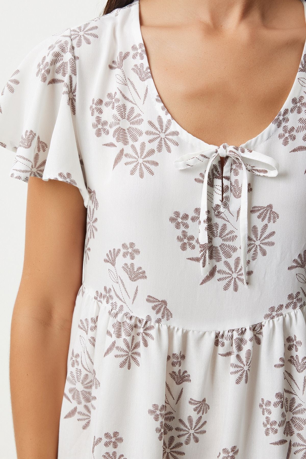 Woman White Brown Flower Summer Viscose Dress DD01330