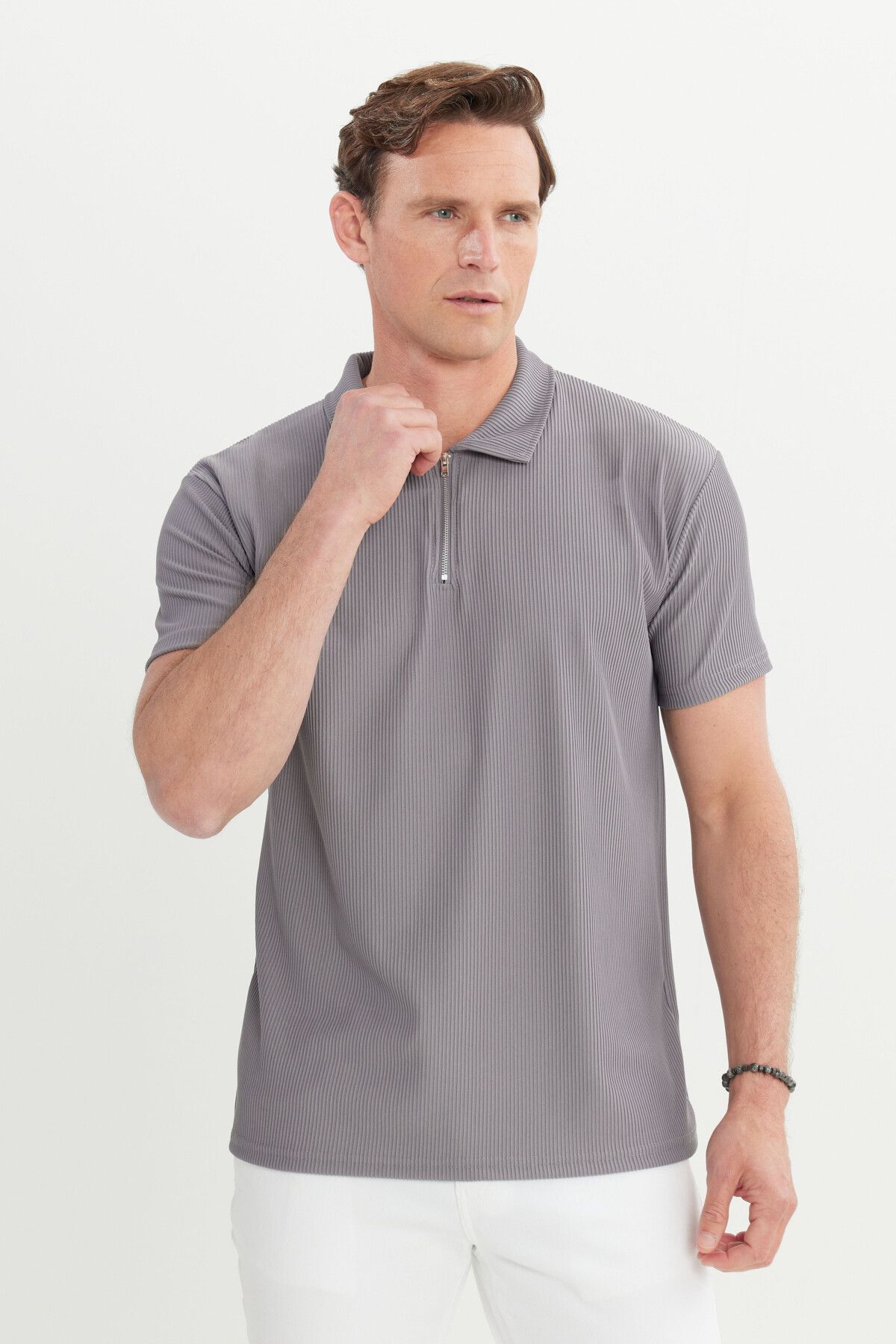 Men's Light Gray RELAX Fit Casual Cut Polo Yaka Flexible T -shirt