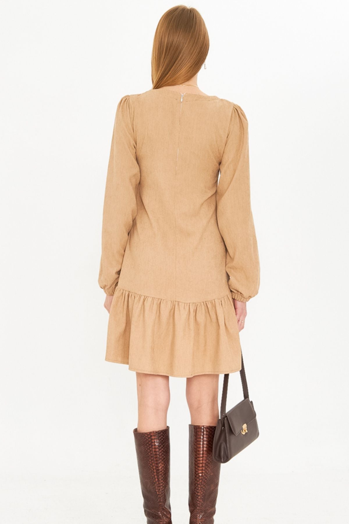 Female Beige U Yaka Skirt Nip Ruffled Sleeves with rubber Velvet Short Dress ARM-25K001086