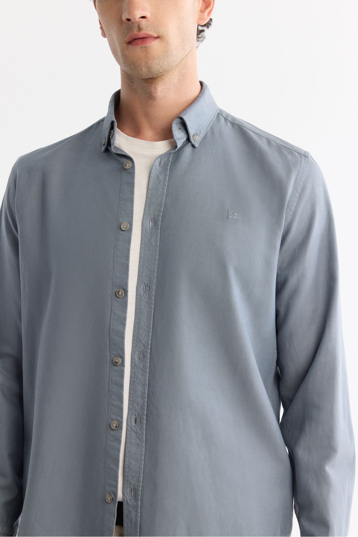 Men's oil blue button collar diagonel cotton shirt B002036