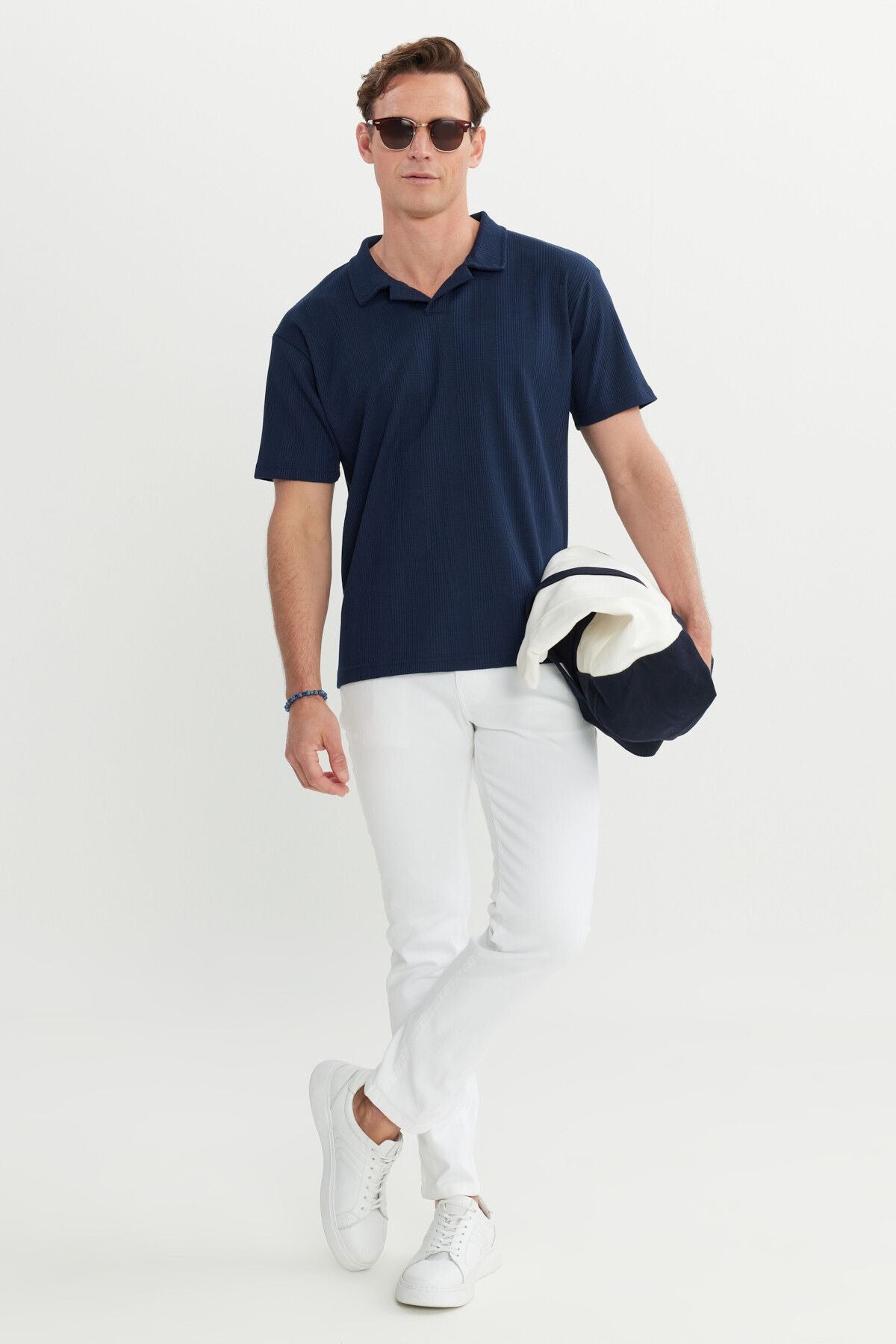 Men's navy blue relax fit comfortable cut Polo Yaka T -shirt