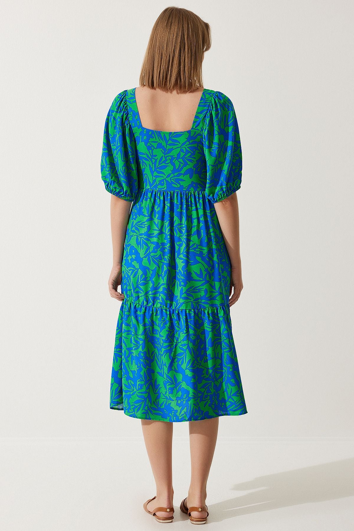 Woman Blue Green Square Balloon Sleeve viscose dress CI00107