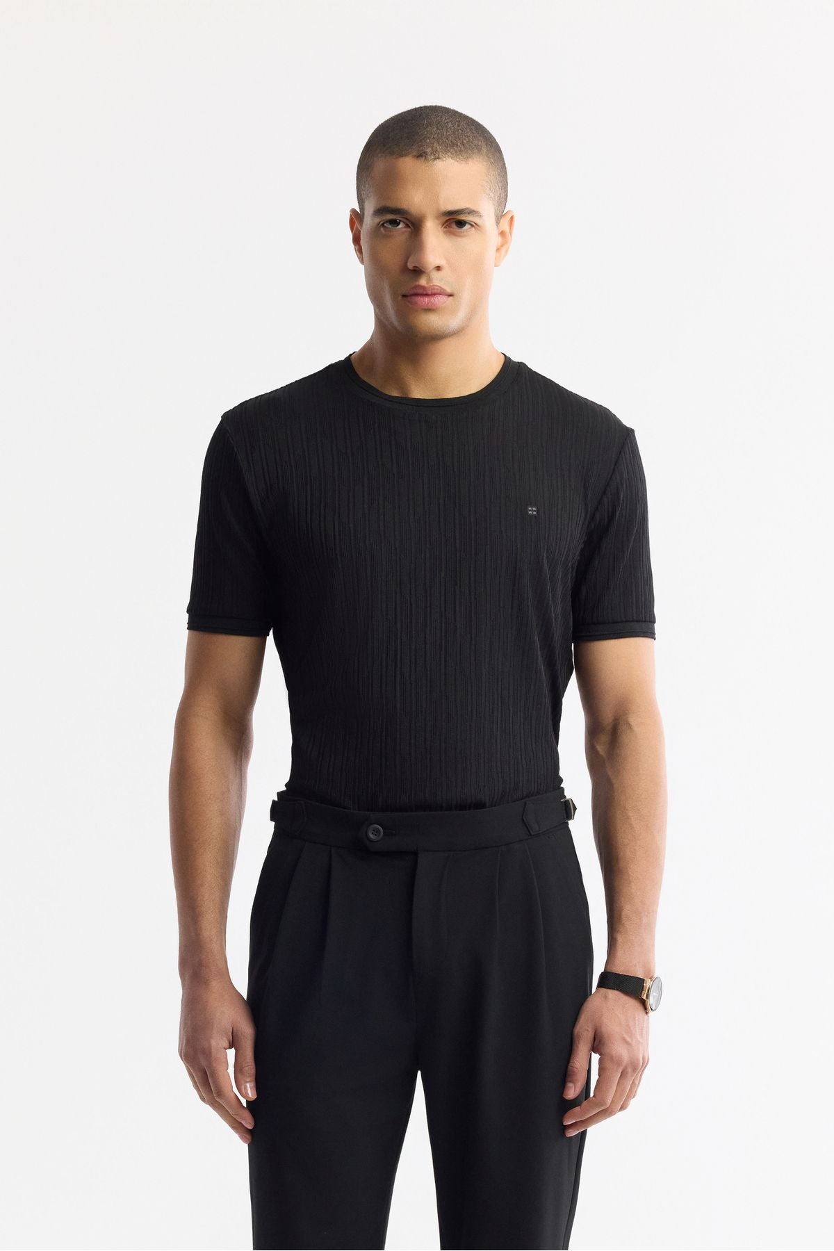 Men's black classic waist pleated epaulette detailed Gordion Carrot Fit Pants A51y3026