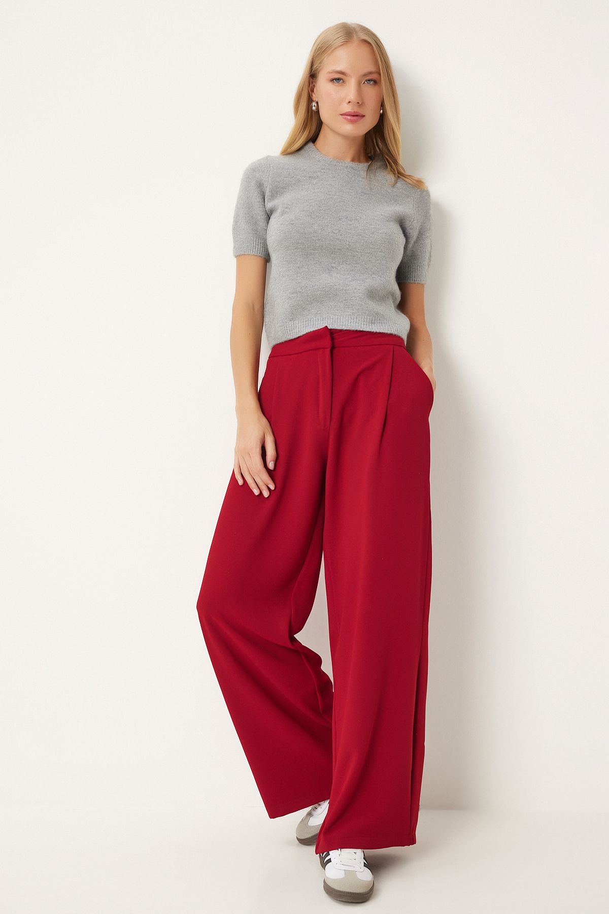 Woman Red Pleated Weaving Palazzo Pants UL00038
