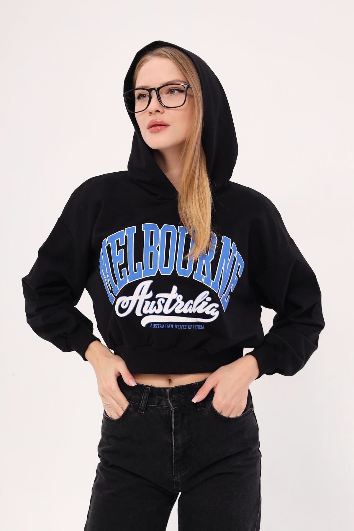 Women's Black front written hooded Crop sweatshirt ARM-25K001028