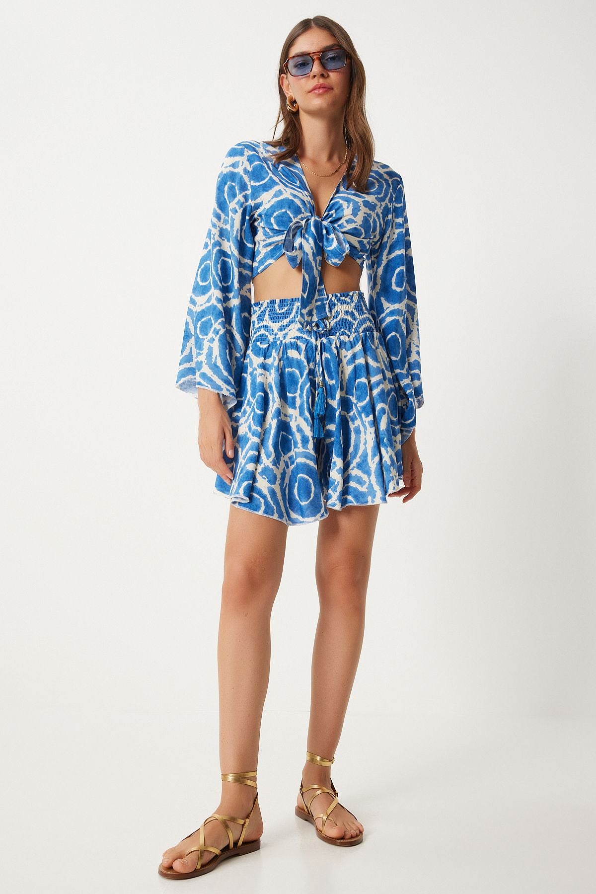 Women's Blue Cream Patterned Blouse Short Set DK00171