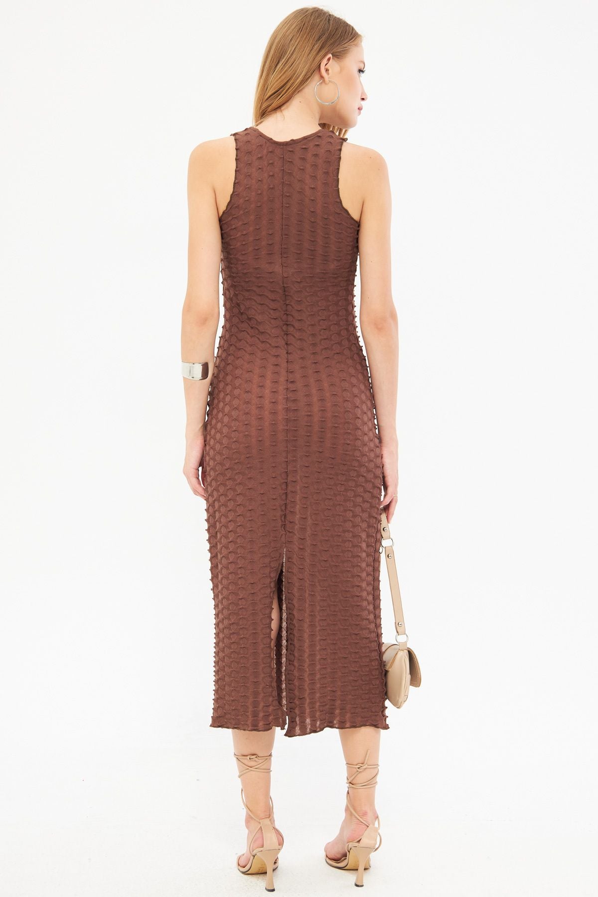 Woman Light Coffee V -Neck Sitting Behind Behind Slitting Patterned Midi Dress