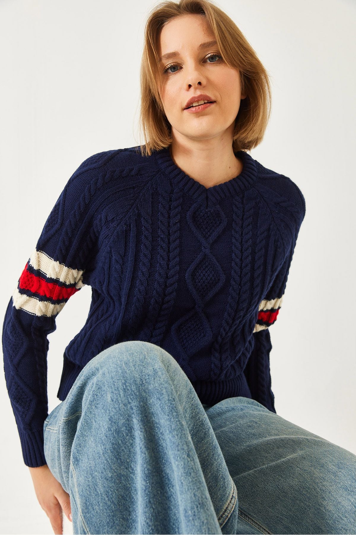 Women's V -Neck Patterned Knitwear Kazakh 20246919