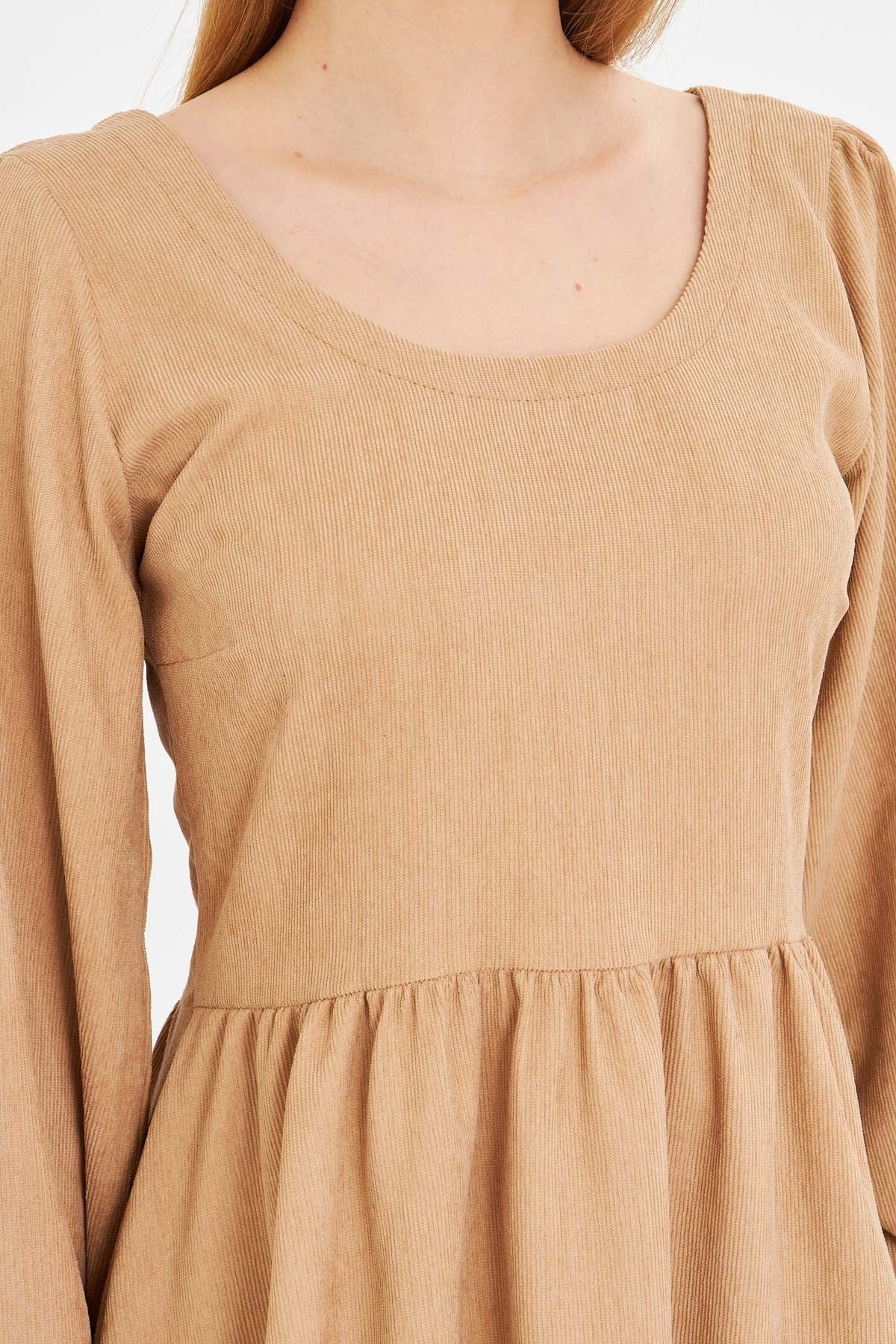 Female Beige U Back Back Zipper Waist Midi Boy Velvet Dress ARM-25K001103