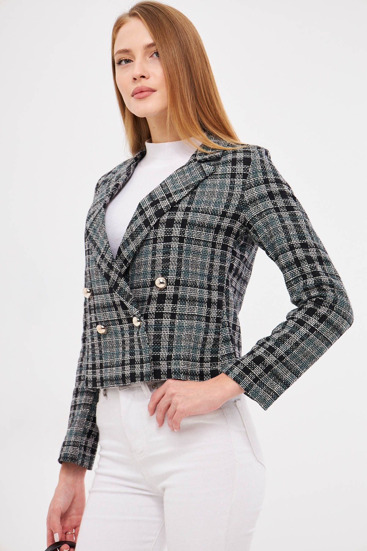 Female turquoise cruve collar tüvit crop jacket ARM-24K001014