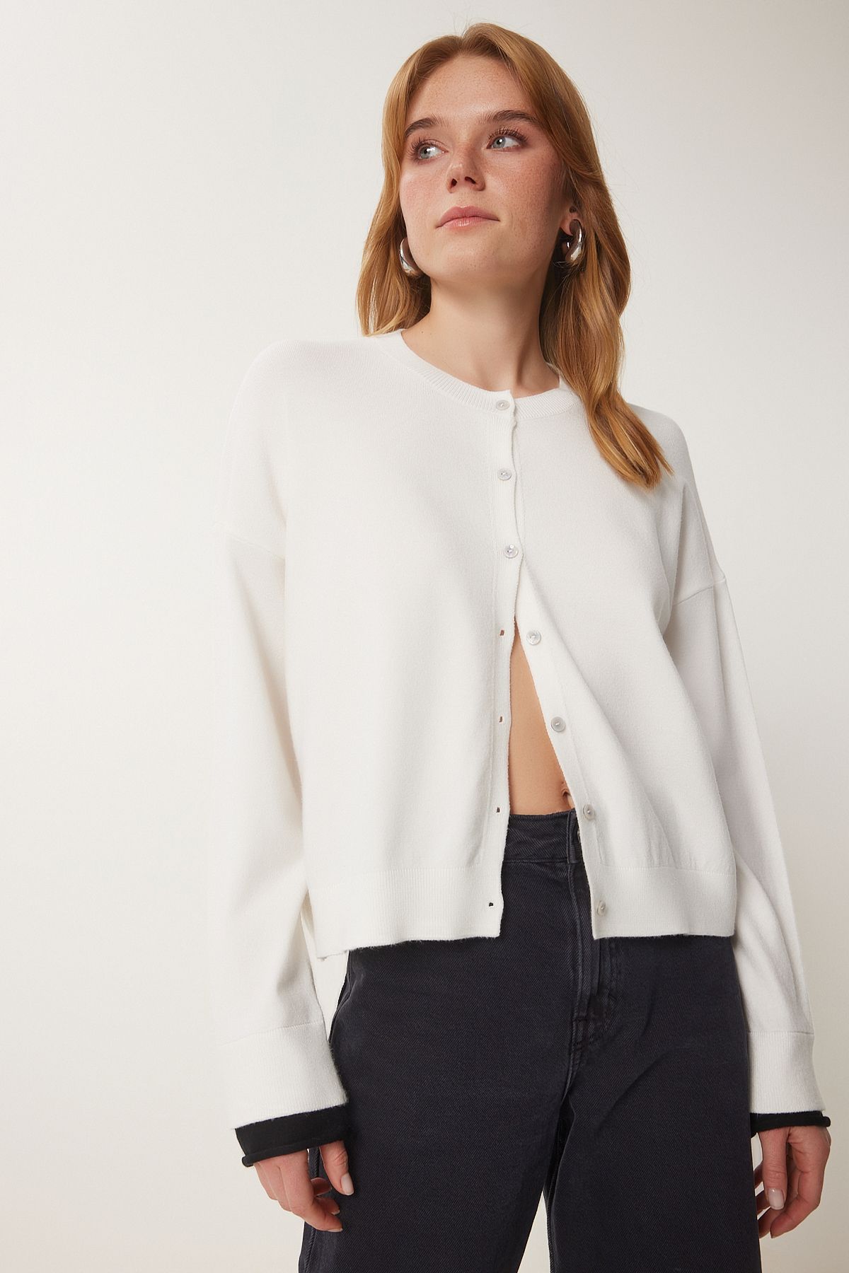 Female Bone Black Contrast Ribbon Detailed Seasonal Triko Cardigan US00953