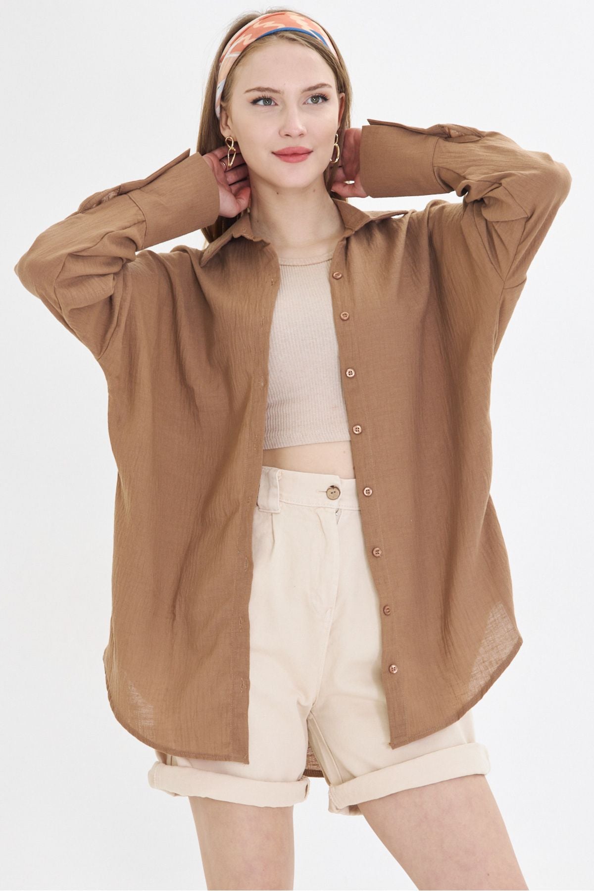 Woman Light Coffee Oversize Fined Linen-looking large cuff shirt ARM-24K001001