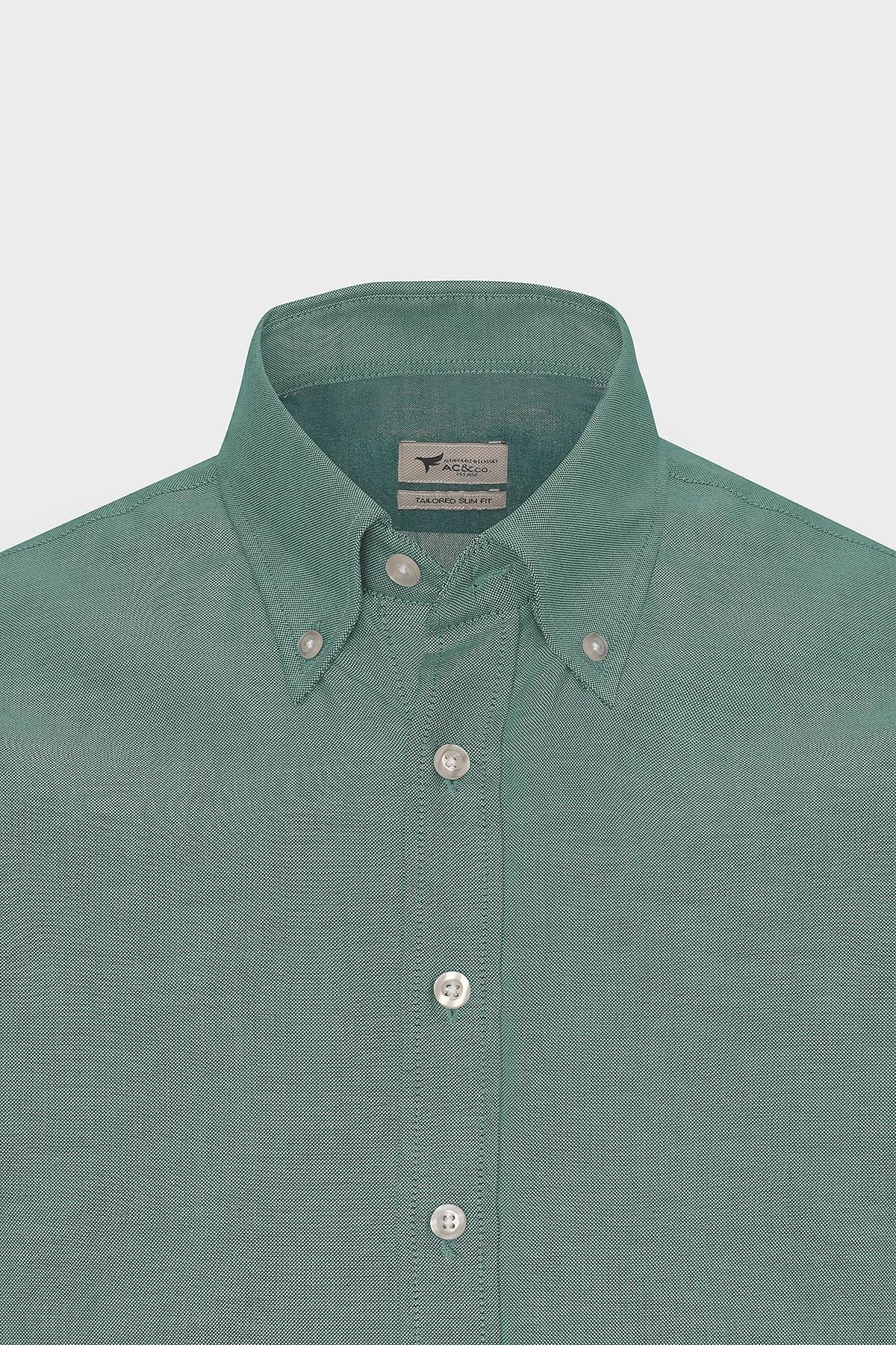 Men's Oxford Green Button Neck Easy ironable cotton slim fit narrow cut shirt