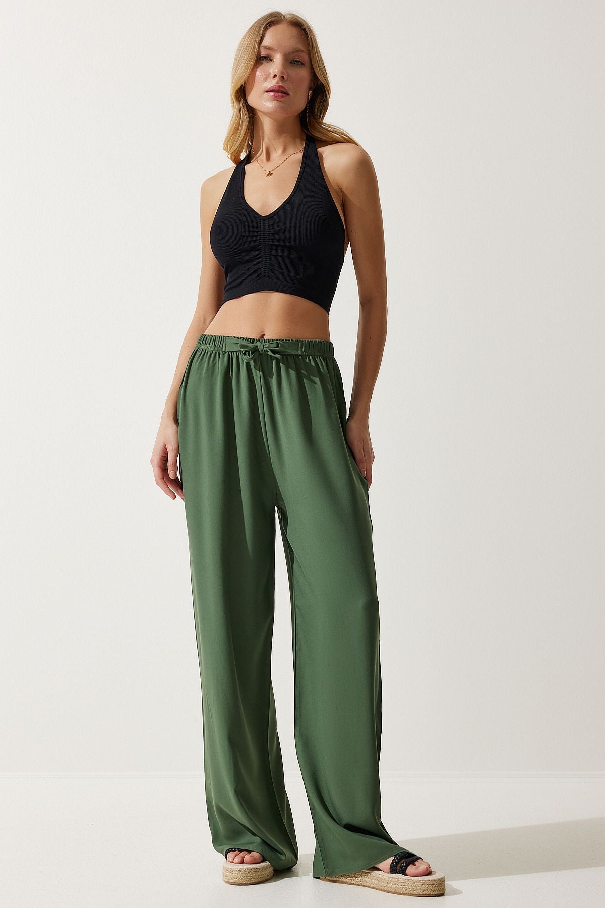 Female Khaki Summer Viscose Palazzo Pants EN00610