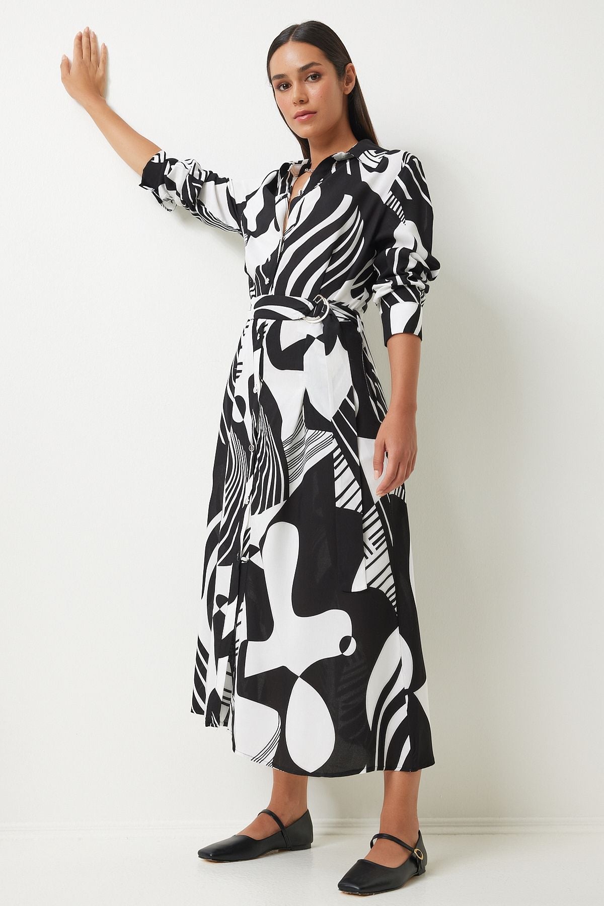 Female Black and White Patterned Born Viscose Shirt Dress FN03204