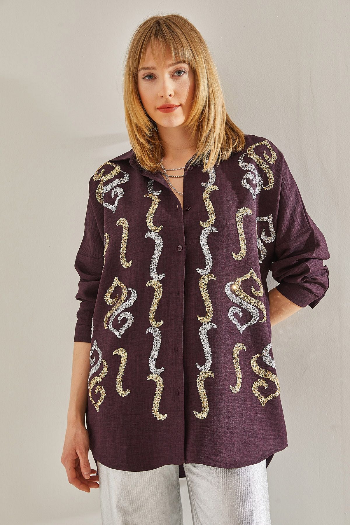 Woman Purple Embroidered Stone Oversize Shirt 60251032