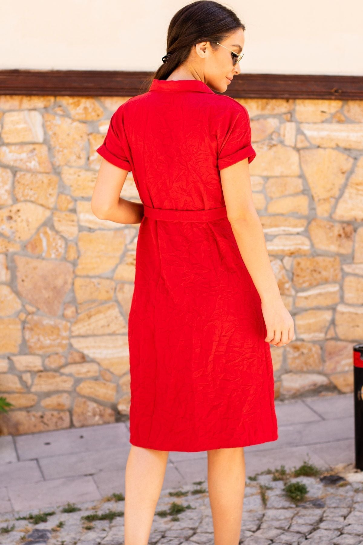 Woman Red Waist Belt Short Sleeve Shirt Dress ARM-19Y001068