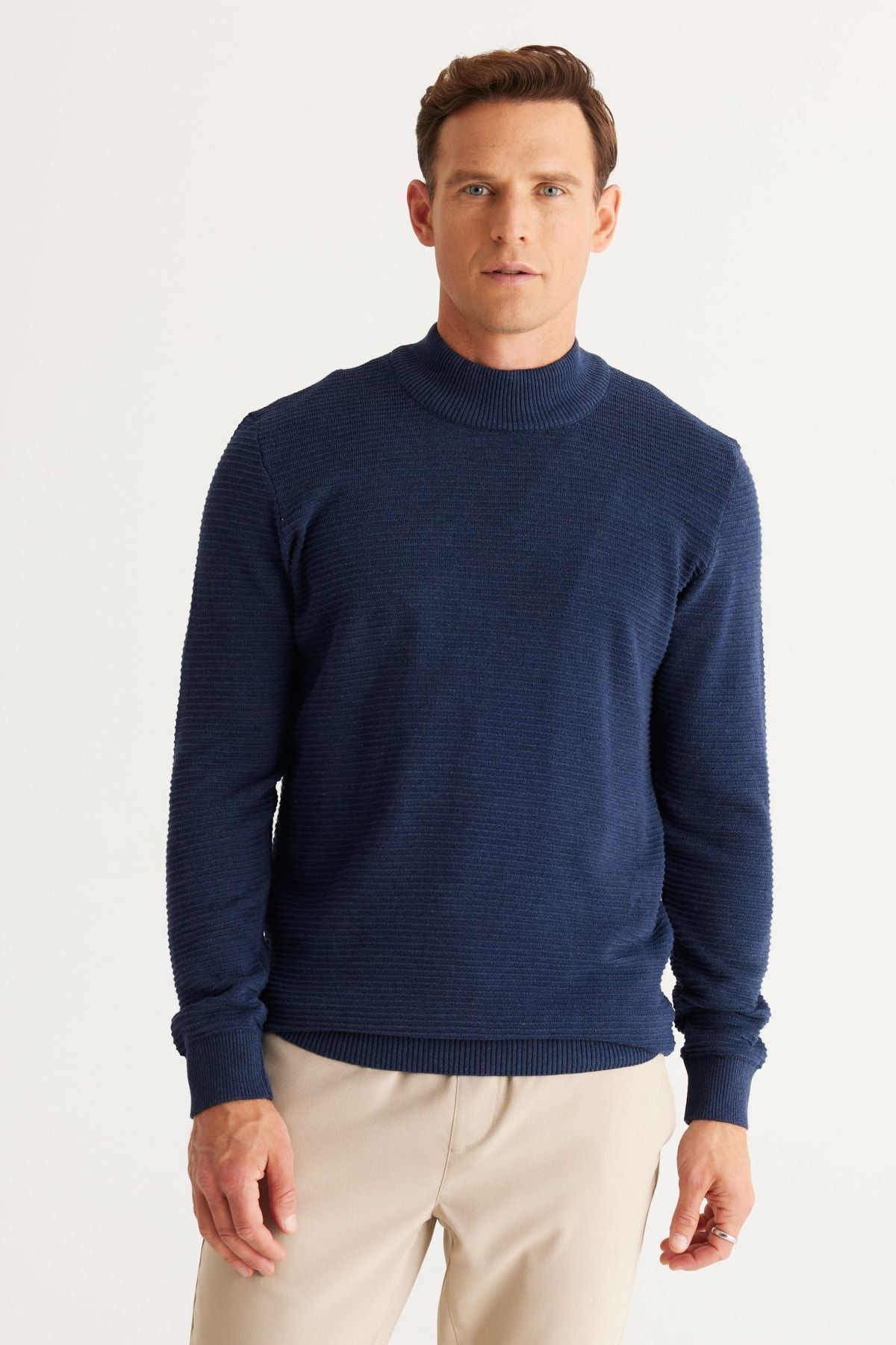 Men's Indigo standard fit half fisherman collar cotton patterned knitwear sweater