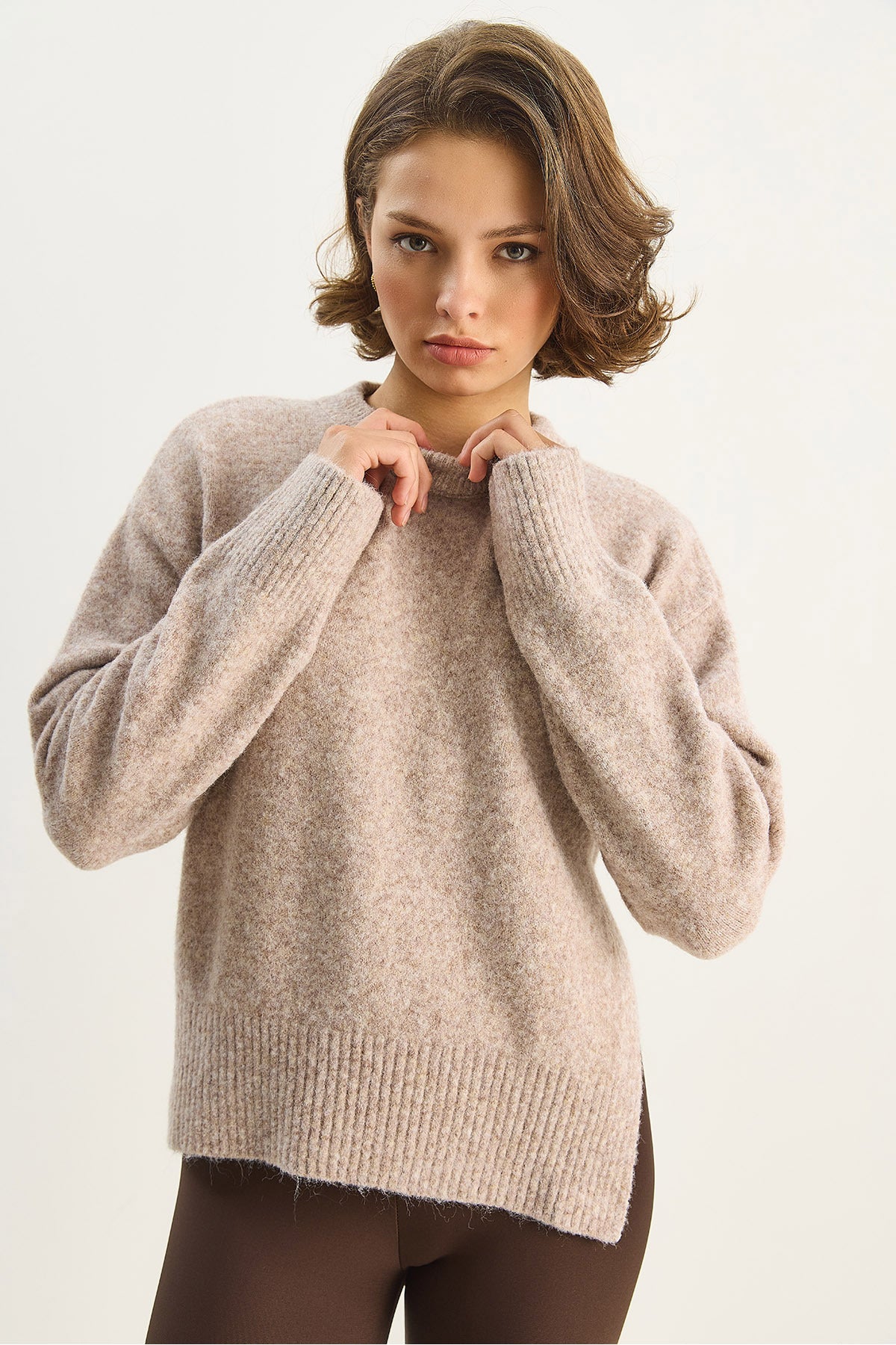 Women's Crew Neck Side Slits Wool Blend Knitwear Sweater 2411 60283681