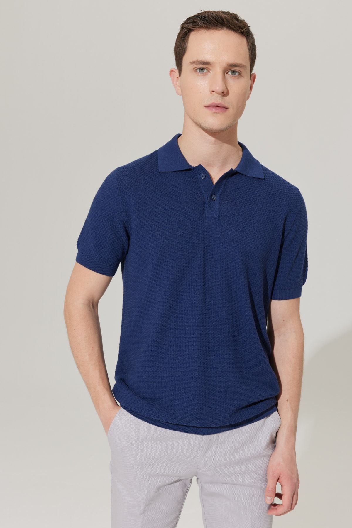 Men's Navy Blue Standard Fit Normal Cut Polo Yaka 100 %Cotton Short Sleeve Knitwear T -shirt