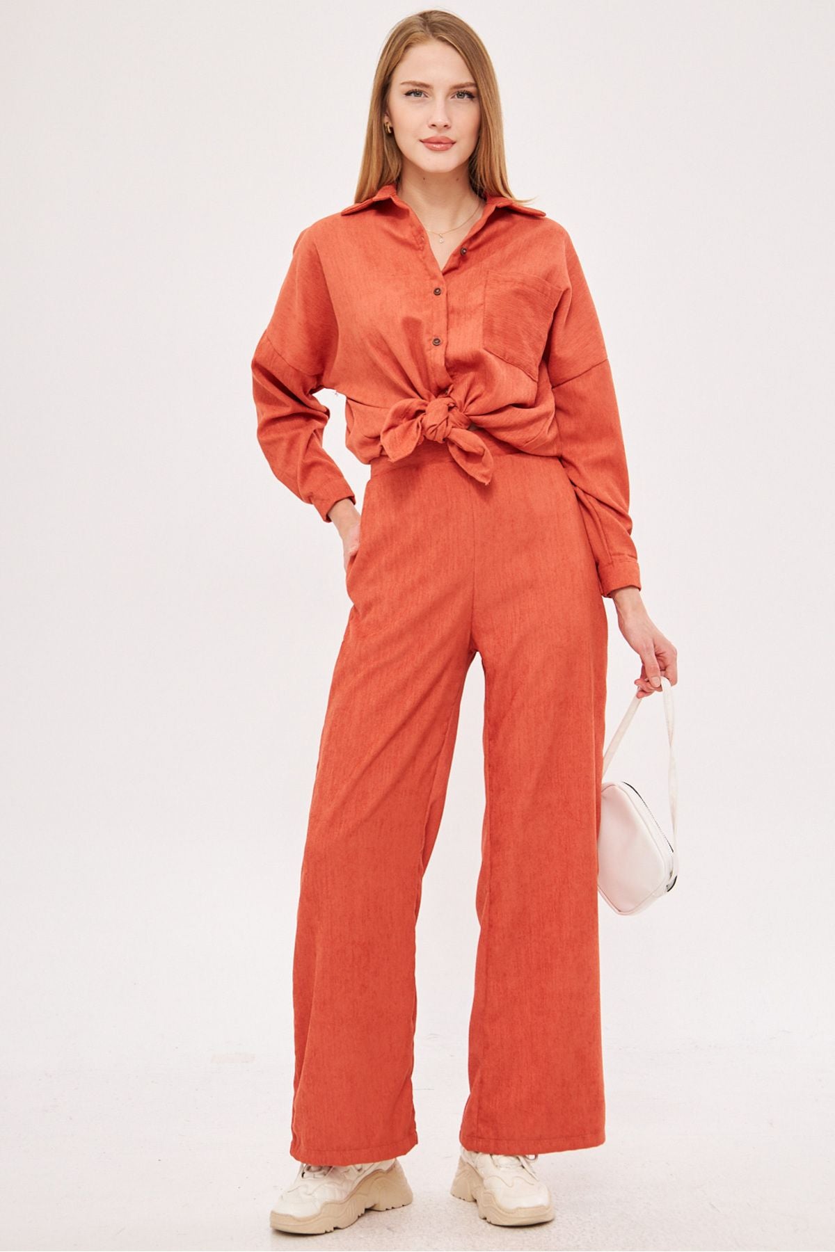 Female Salmon Fine Wick Velvet Palazzo Pants Arm-25k001009