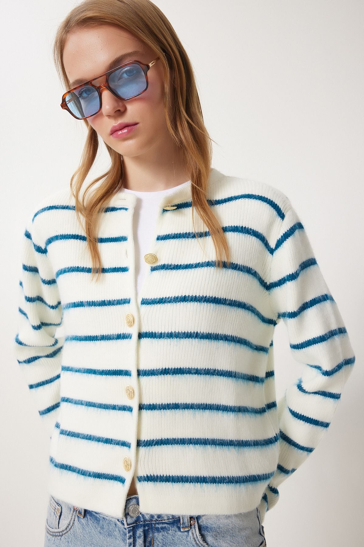 WOMEN BONE BLACK BLUE CHIC button striped knitwear cardigan PF00051